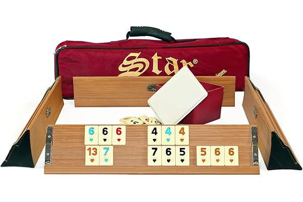 Semus Kit de jeu Okey/Rummy de qualité supérieure - Bois massif - Pions en mélamine - Sac de transport rembourré - 104 pierres + 2 jokers + dés (clair)