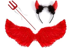 JIAJIAYI Devil Costume Women,Black Angel Wings White Angel Wings Costume Red Angel Wings Red Devil Horns and Fork Devil Set,Dark Angel Halloween Fancy Dress Costume Party for Kids Adults (Red)