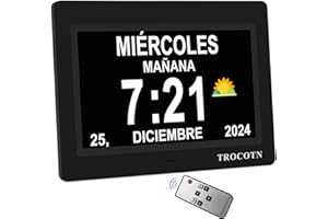 TROCOTN Reloj digital grande para personas mayores, calendario de pantalla grande con alarmas personalizadas, reloj de pared con día y fecha (7 pulgadas, negro)
