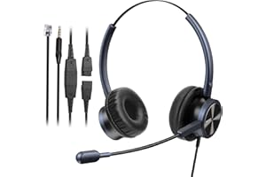 MAIRDI Casque Téléphonique Fixe RJ9 avec Micro Antibruit pour Centre d'appels, Oreillette de Bureau pour Yealink T21 T23 T26 T29 T32, avec Connecteur 3,5 mm pour Téléphone Portable et PC