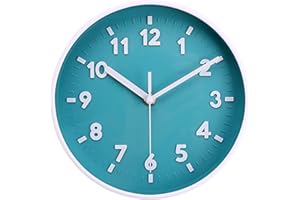 Topkey Reloj de pared redondo silencioso de 8 pulgadas, fácil de leer, números grandes, cocina, moderno, sin tictac, reloj de pared decorativo para dormitorio, oficina, escuela, color verde azulado
