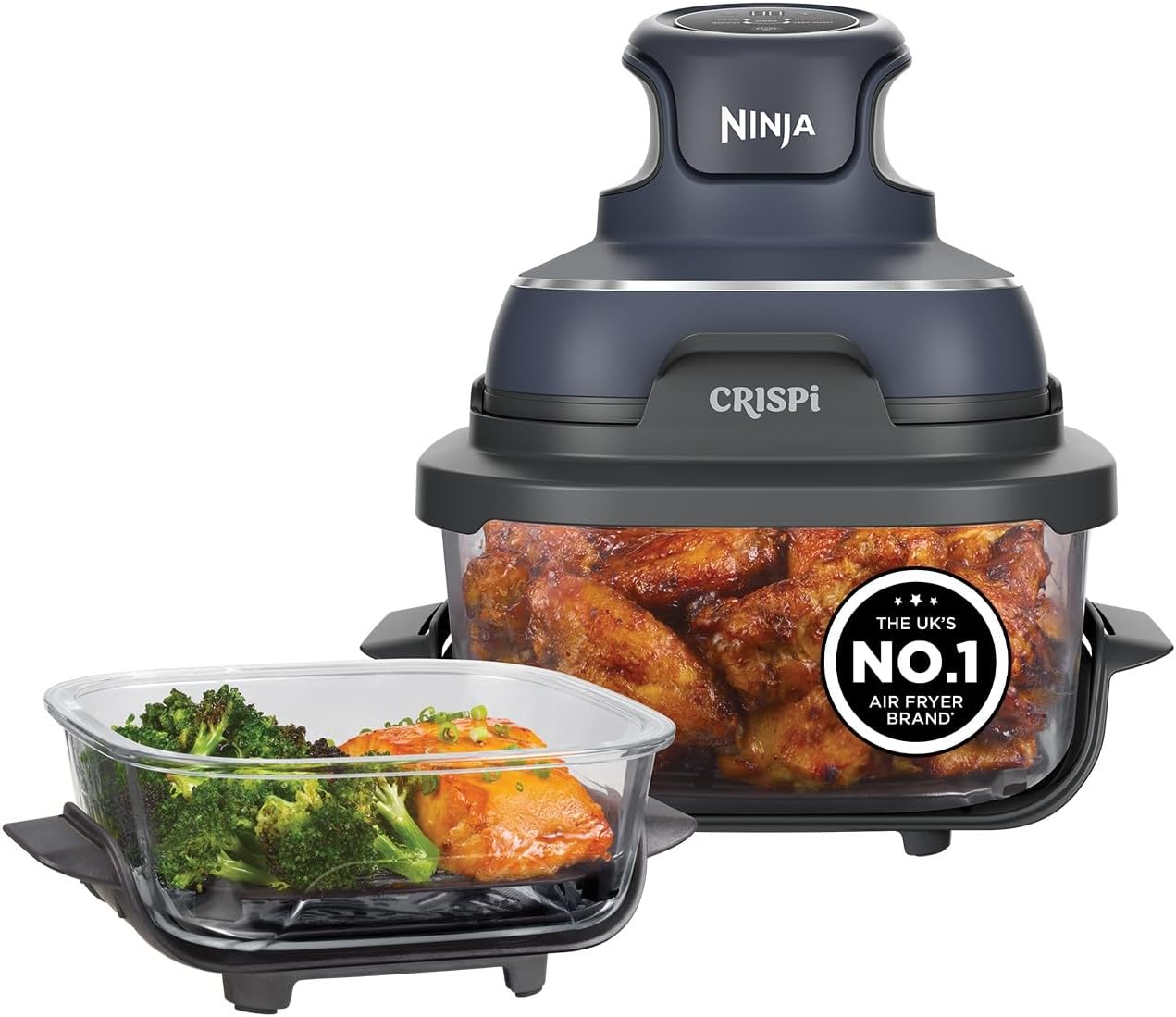 Ninja CRISPi Portable Air Fryer, 3.8L, 4-in-1: Air Fry, Roast, Keep Warm, Recrisp, Space Saving Compact Design, 2x Removable Glass Containers & Lids, 1700W, Cyber Space Blue FN101UKGY