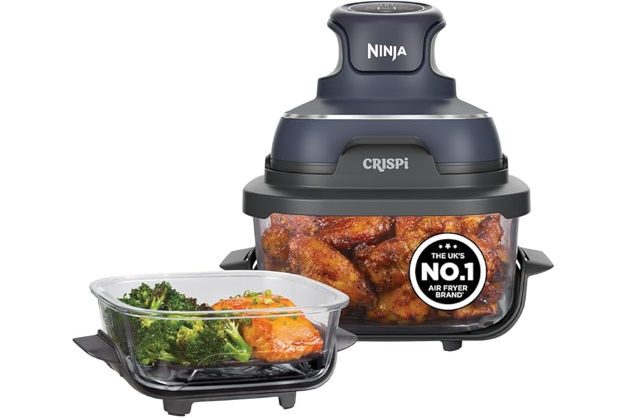 Ninja CRISPi Portable Air Fryer, 3.8L, 4-in-1: Air Fry, Roast, Keep Warm, Recrisp, Space Saving Compact Design, 2x Removable Glass Containers & Lids, 1700W, Cyber Space Blue FN101UKGY