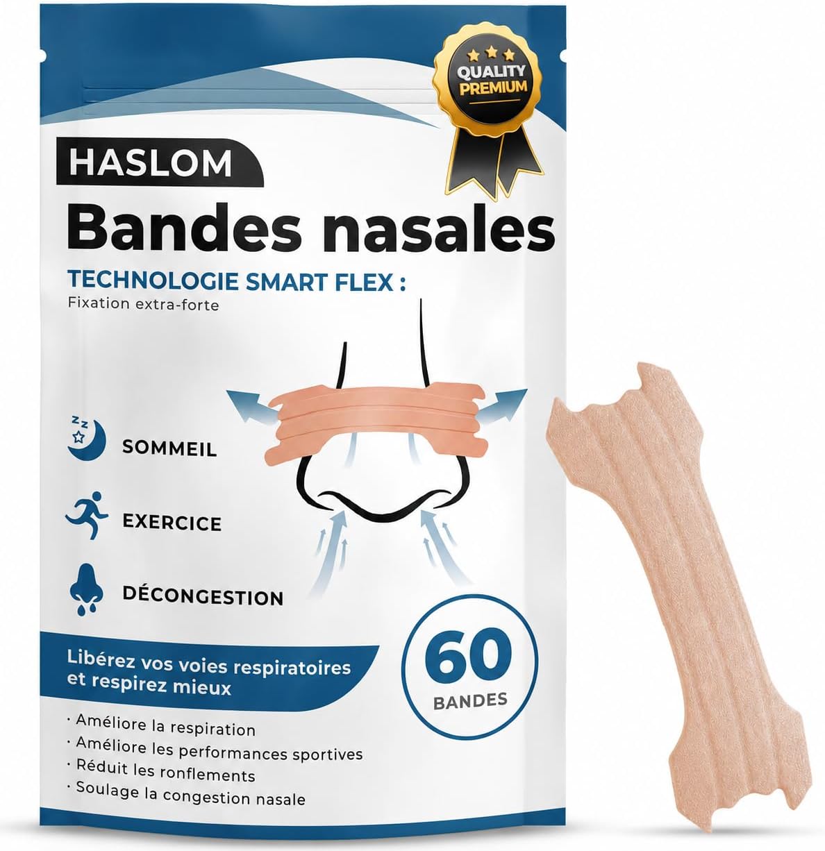60 Bande nasale anti ronflement PREMIUM - HASLOM - Nasal strips | Nose Strips Adhérence Maximale, résistantes à la transpiration et conçues pour une meilleure qualité de sommeil