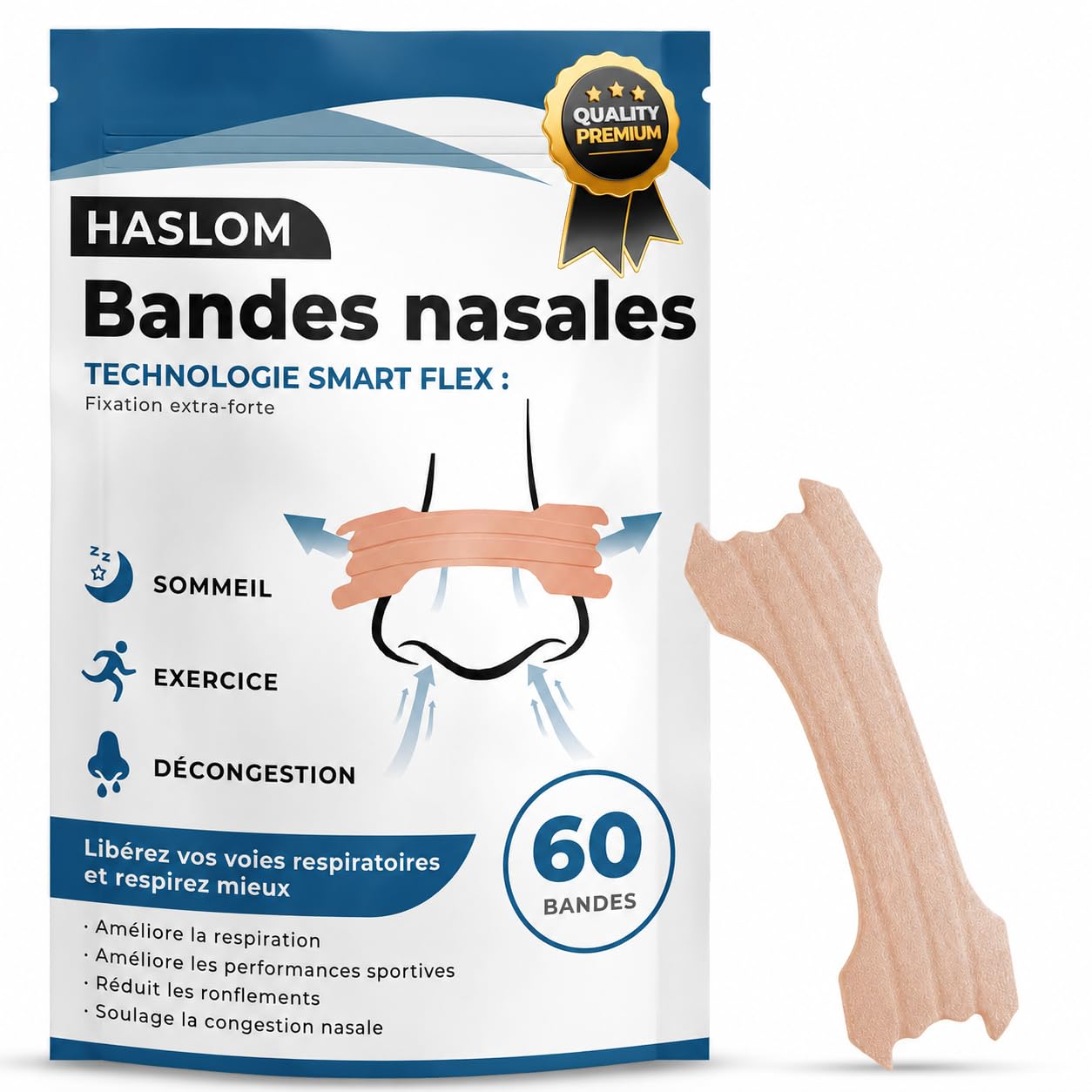 60 premium neusband tegen snurken - HASLOM - neusstrips | Neusstrips maximale grip, zweetbestendig en ontworpen voor een betere slaapkwaliteit