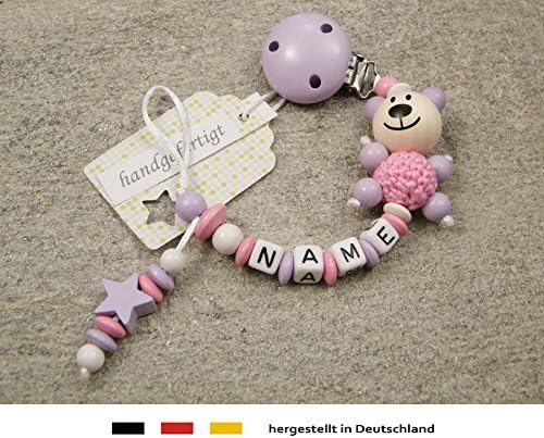 Personalised Baby Dummy Clip Chain | Pacifier Soother Holder with Preferred Name – Girls Motif Bear & Lilac Star