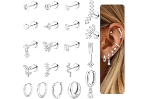 LOLIAS 20Pcs Piercing Orecchio Acciaio Chirurgico Set Orecchio Donna Orecchini Cerchio Piccoli Orecchini a Bottone Conch Piercing Cartilagine Orecchini Piercing Trago Helix Piercing Argento Oro