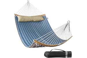 Bathonly Große Outdoor Hängematte für 2 Personen, 3m doppelhängematte, Gesteppte Stoffschaukel mit Faltbarer, gebogener Stange, abnehmbarem Kissen, Tragetasche, bis 204 kg belastbar, Jeansblau