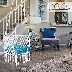 Patiofy Made in India Premium C-Shape Hammock-Hanging Cotton Chair Swing with Blue Cushion & Accessories for Indoor and Outdoor/150 Kg Capacity/Swing Cushion/Chair Cushion for Kids and Adults(White)