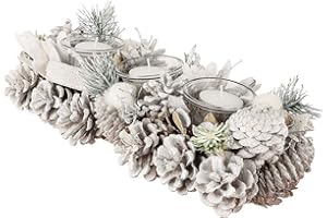DIBOR White Frosted Pine Cone Christmas Dining Table Tea Light Holder Candle Holder Jar