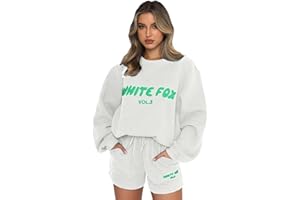 PREVENTLY Women's White Fox Tracksuit Set Oversized Two Piece Outfit Long Sleeve Pullover and Loose Short Sweatpants Y2k Jogger Track Suit Ladies Gym Activewear Casual Sportwear Running Walking Hiking