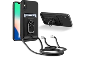 JMstore Handykette Schutzhülle Kompatibel mit iPhone X/iPhone XS,360° Ring Ständer magnetisches Eisenblech+Kartenfach Kameraschutz Stoßfester Silikon hülle-Schwarz