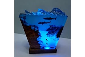 ‎DRAWELRY Drawelry 3D Meer Wal Hai Harz Lampe Unterwasser Ornamente mit Holzsockel USB-Kabel LED Kristall Nachtlichter Epoxidharz Ozean Szene Taucher Diorama Heim Büro Deko Weihnachten Geburtstag Geschenke (E3)