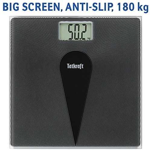 Tatkraft Happy Digital Personenwaage Anti-Rutsch Personenwaage mit Hartglasplattform mit Kleinkind-Modus Hochpräzise mit großem LCD-Display Schwarz 180KG