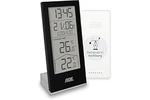ADE Stazione meteorologica digitale con sensore esterno | termometro per temperatura interna ed esterna | orologio e calendario radiocontrollato con giorno della settimana | batterie incluse | nero