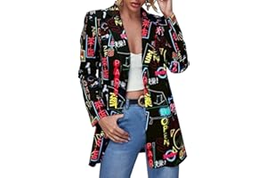 FLYCHEN Blazer Donna Elegante Casual Stile Graffiti Ortografia Colorata Fantastica Donna Slim Tailleur Cappotto a Maniche Lunghe
