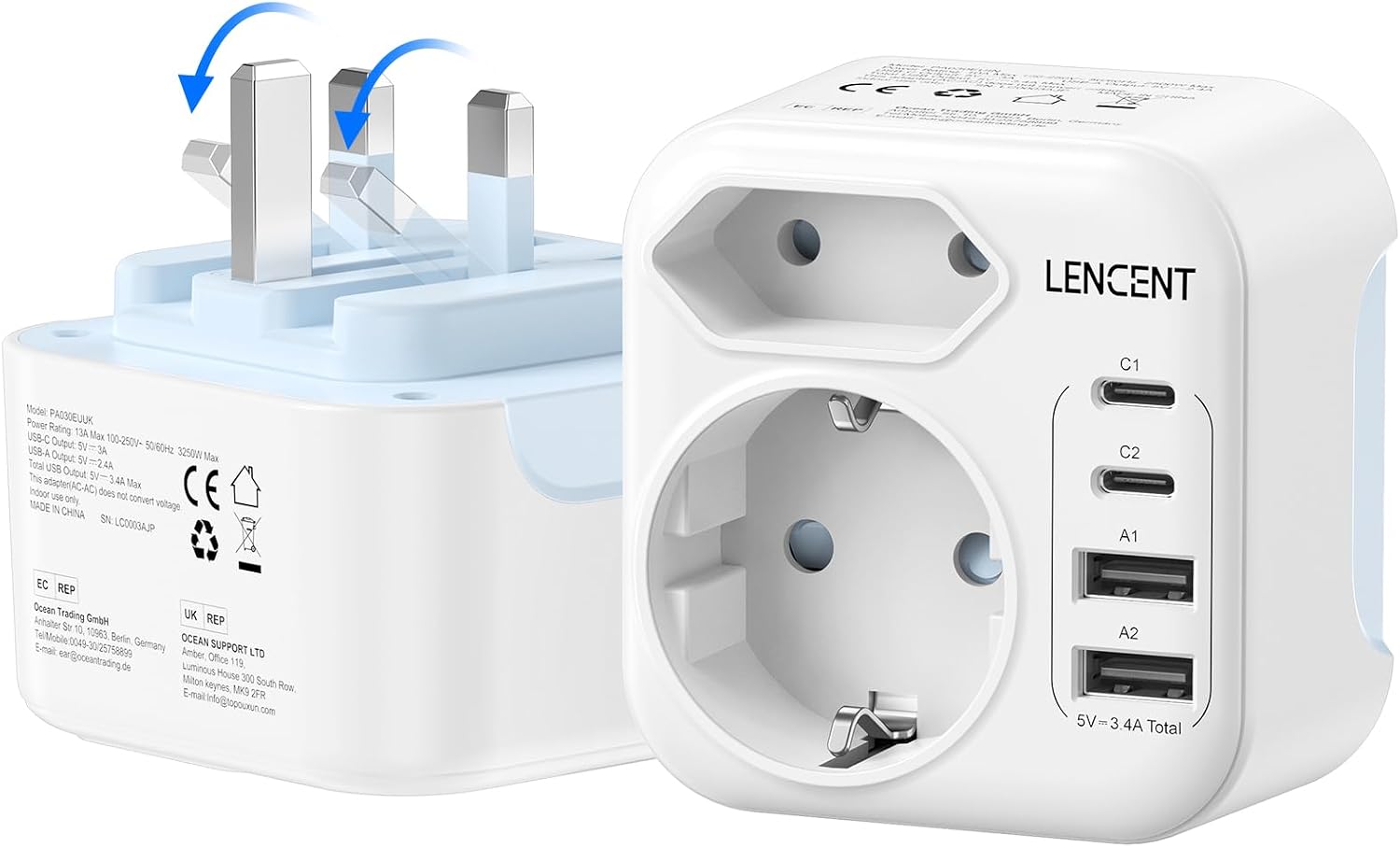 LENCENT Adaptador Enchufe Reino Unido, Cargador Inglaterra Viaje con 2 USB-C y 2 USB-A, Adaptador Europa Portugal a UK Compacto Plegable para Escocia, Irlanda, Gales, Maldivas, Gran Bretaña, Tipo G