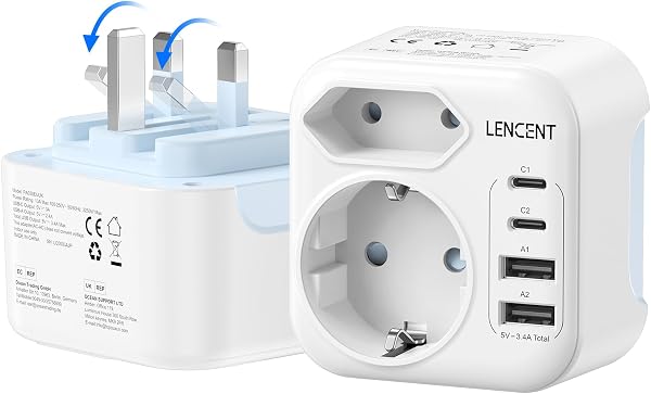 LENCENT Adaptador Enchufe Reino Unido, Cargador Inglaterra Viaje con 2 USB-C y 2 USB-A, Adaptador Europa Portugal a UK Compacto Plegable para Escocia, Irlanda, Gales, Maldivas, Gran Bretaña, Tipo G - 1
