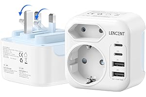 LENCENT Adattatore Presa Ingelese, Adattatore Spina Tipo G da Viaggio Pieghevole con 2 Porte USB-C & 2 Porte USB-A, Adattatori Presa EU Schuko a UK per Regno Unito, Irlanda, Dubai, Maldive, Scozia