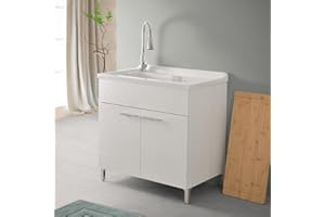 INBAGNO Mobile lavatoio per interno 80x50 cm bianco venato con 2 ante, vasca in termoformatura resistente con piletta e sifone INCLUSI
