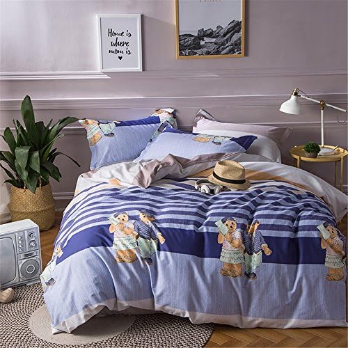 800T Cotton Duvet Cover Set Without Comforter 4-Piece Cartoon Style for ChildrenFull Size Queen Size^^^Bear Siblings Blue Gray Stripe