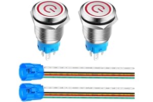 Gebildet 2Stück 16mm Edelstahl Latching Drucktastenschalter 12V-24V 5A Power Symbol LED 1NO1NC SPDT ON Off Wasserdichter Kippschalter mit Steckdose Stecker (Rot LED)