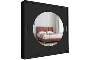 FURNITUREWAVE Denver Mirror Sliding Door Wardrobe Brighten Your Space with Style 150cm/203cm (Black, 150cm)
