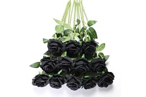 Tifuly 12 PCS Roses Artificielles, Longue Tige Faux Rose Soie Bouquet De Mariage De Mariée, Fleur De Fleur Réaliste pour La Maison Garden Party Hôtel Décor de Bureau (Noir)