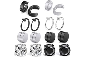 HAOSELL 8 pares de pendientes de acero inoxidable sin perforación, color negro y plateado