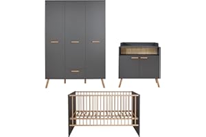 trendteam smart living - Mats - Babyzimmer Kombination - Grau Matt - Kleiderschrank, Wickelkommode, Babybett - mit lackierten Massivholzfüßen und Griffen