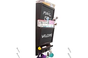 COMFIFY Rustic 2-Slot Mail Sorter Organizer for Wall with Chalkboard Surface & 3 Double Key Hooks - Wooden Wall Mount Mail Holder Organizer – Wall Décor for Entryway Made of Paulownia Wood - Dark Brown