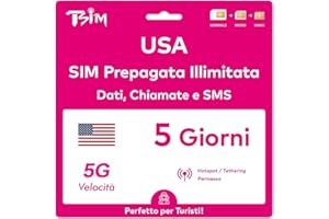TSIM Scheda SIM USA valida per 5 giorni. Rete T-Mobile con dati illimitati ad alta velocità su 5G/4G/LTE | Chiamate e SMS locali illimitati negli Stati Uniti (inclusa Hawaii). Scheda SIM 5G!