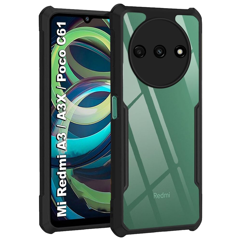 TheGiftKart Crystal Clear Back Cover Case for Mi Redmi A3 / A3X / Poco C61 | 360 Degree Protection | Shock Proof Design | Transparent Back Cover for Redmi A3 / A3X / Poco C61 (PC & TPU, Black Bumper)