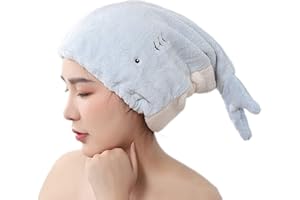 JK Home Women Microfiber Hair Drying Wrap Towel Cap, Fun Cute Cartoon Shark Super Absorbent Coral Velvet Hair Turban Quick Dry Towels for Wet, Long, Thick Hair