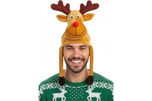 FASHION I LOVE Adult Red-Nosed Reindeer Christmas Hat with Dangling Legs Funny Hats Plush Novelty Secret Santa Gifts Joke Party Headwear Fancy Dress Costume Accessory for Men and Women