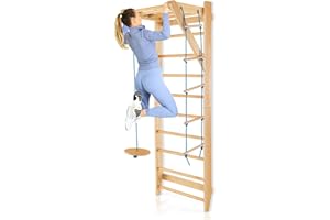 HOMASIS Barra de Pared Sueca con Escalera de Cuerda y Trapecio de Madera Redondo, Escalera de Pared de Gimnasio Interior para Entrenamiento, para Niños y Adultos, Carga 100 kg, 80x60x220cm, Natural