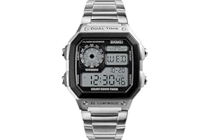SKMEI DG1335 Herren-Digitaluhr, Schwarz, Silber, Gold oder Rotgold, transparent, großes Display, Edelstahlband, Datumsanzeige, Alarm, Stoppuhr, silber, Retro