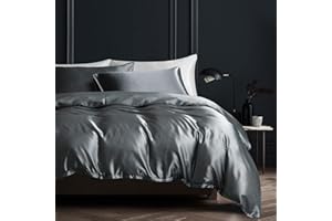 Boqingzhu Satin Bettwäsche 135x200cm Grau Dunkelgrau Anthrazit Uni Einfarbig Glatt Glänzend Luxus Seide Bettwäsche Set Bettbezug mit Reißverschluss und Kissenbezug 80x80cm