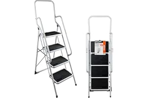 Marko Tools Folding 4 Step Ladder with Safety Handrail Heavy Duty Foldable Non Slip Tread Industrail Metal Steps Hand Rails