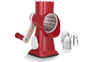 Dreamhigh® Taglia Verdure Manuale, Mandolina per Verdure con 3 Acciaio Inox Pale Tamburo, Forte Aspirazione, Grattugia Verdure, per Cucina Verdure, Patate, Carote, insalate, Tritatutto(Rosso)