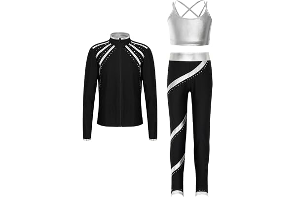 Yeahdor konståkning kläder för flickor, långärmad tröja + metallisk ärmlös crop top + leggings träningsoverall sportjacka byxor topp