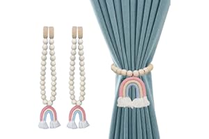 GOHYTAL 2 Pcs Wood Bead Curtain Tiebacks, Christmas Curtain Tie Backs with Rainbow Tassel Pendant, Boho Curtain Holdbacks for Wall Curtain Ties Window Treatment Drape Tie Back for Bedroom Wall Dining Decor