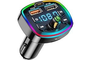 MIGTEC Transmisor FM Bluetooth 5.0 para Coche 12/24V, Manos Libres y Reproductor de Audio MP3 para Vehículos. Cargador USB QC3.0 con Dos Puertos 5V/3.1A & 1A y USB-C, Admite Tarjeta SD (TF) y Memoria USB.