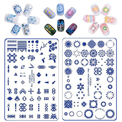CICI&SISI Nail Art Stamping Plates Kit Blue-and-White Plate Manicure Template (2PCs)