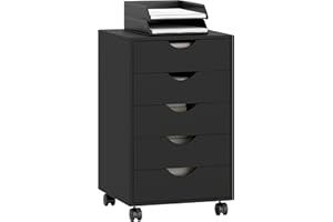 HOMCOM Caisson bureau mobile avec 5 tiroirs, meuble rangement bureau sur roulettes pour documents et imprimante, caisson de rangement compact pour travail ou chambre, 40 x 40 x 67 cm, noir
