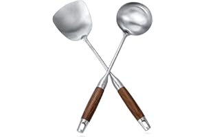 TsunNee Zestaw przyborów kuchennych ze stali nierdzewnej, szpatułka do wok i chochla do zupy, zestaw z długim, odpornym na wysokie temperatury drewnianym uchwytem (35 x 9 cm, srebrny)