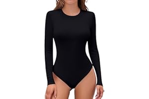 Shen&Qege Damen Jumpsuit Rundhals Langarm Thong Bodysuit Shirt