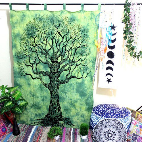 Sophia Art Cotone indiano albero della vita arazzo mandala arazzo, boho tenda, tende, mandala Wall Hanging, Indian mandala trattamento finestra da appendere alla porta, colore: Verde
