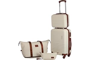 Fergana ABS, 20-Inch Carry-On Suitcase Set – Lightweight Hard Shell Cabin Luggage with Travel Duffel, Vanity Case & Toiletry Bag, Double Spinner Wheels, TSA Lock. (Beige)