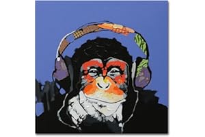 Fokenzary Handgemaltes Ölgemälde auf Leinwand Pop Art Putziger Schimpanse hört Musik mit Kopfhörer mit Rahmen Fertig zum Aufhängen 32x32in